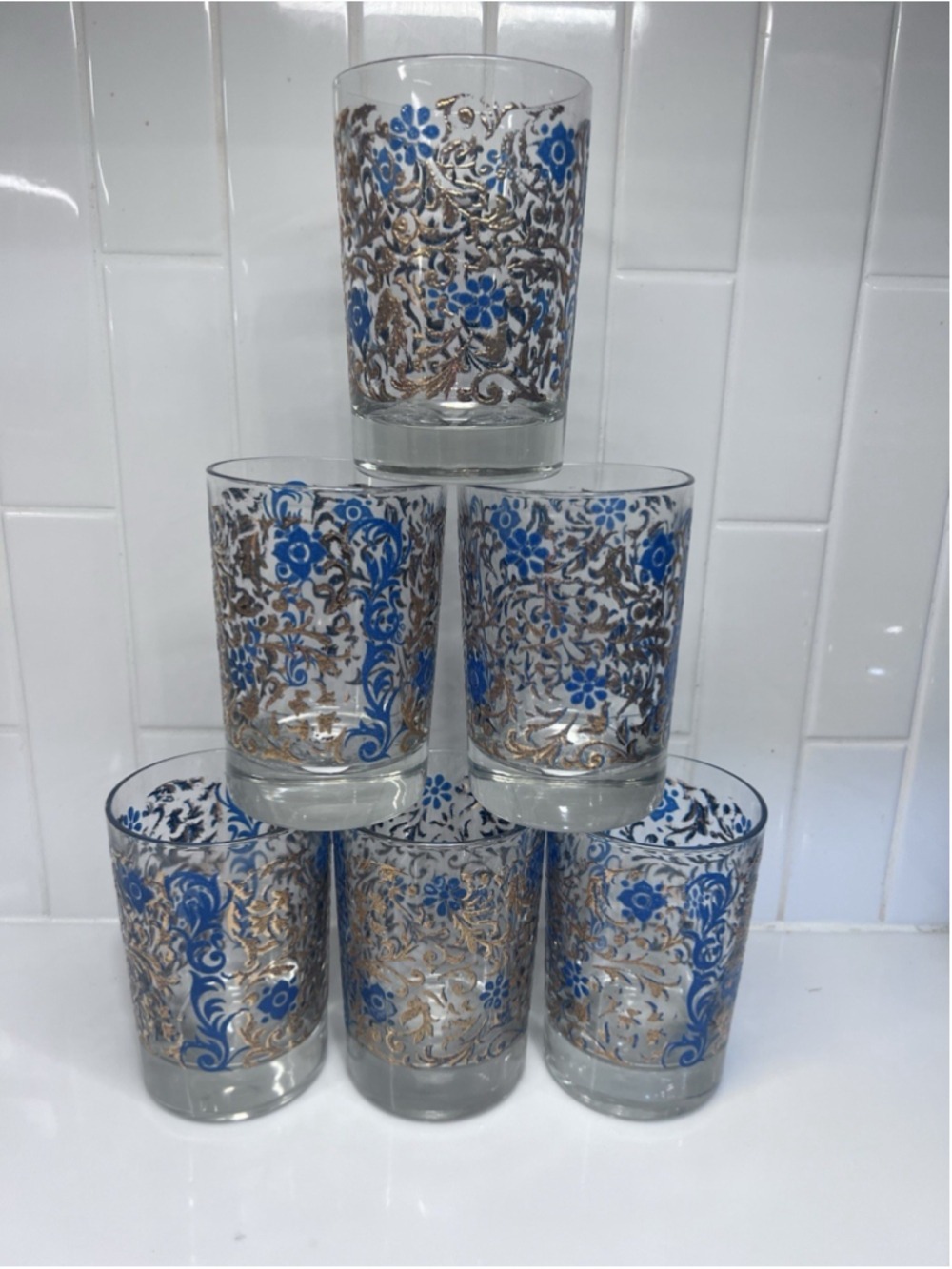 Vintage Tiffinware Blue & Gold Scroll Old Fashioned Rocks Glasses MCM Set Of 6